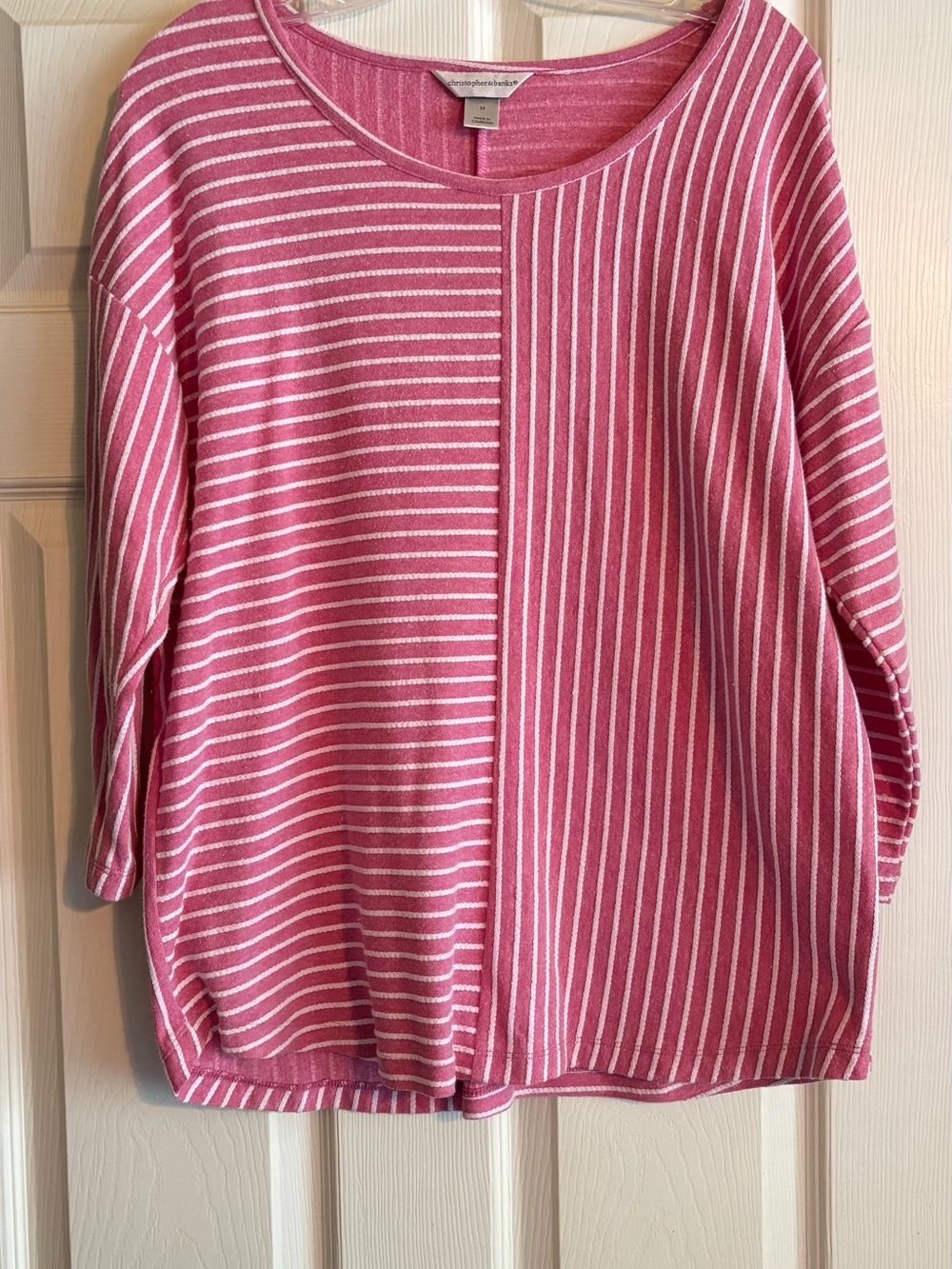 Christopher & Banks Pink and White Striped Scoop Neck Pullover